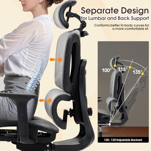 Grey Ergonomic High Back Mesh Office Chair | Lumbar Support, Adjustable Headrest, 3D Armrests, Reclining, Home/Office/Gaming, 330LBS - color: Grey, style: Upgrade w/o footrest