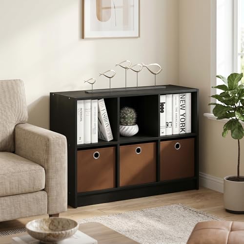 6-Cube Bookshelf with Storage Bins, Cube Bookcase, Book Shelf with Storage Bins, 11.9 x 31.6 x 23.6, for Organization and Storage, Home Office, Living Room, Americano - color: Americano/Medium Brown, size: 6 Cube