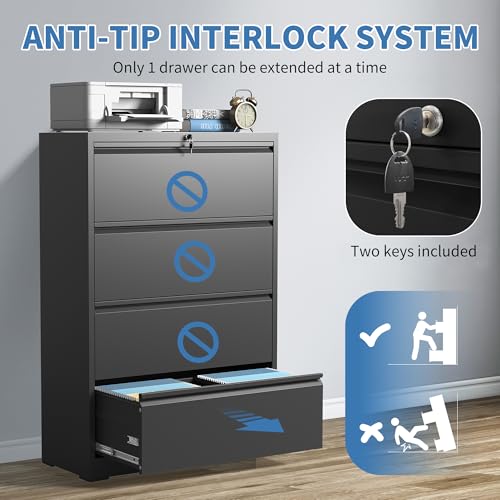 4 Drawer File Cabinet with Lock, Metal Lateral Filing Cabinets - color: Black, size: 4 Drawer_ 35"W