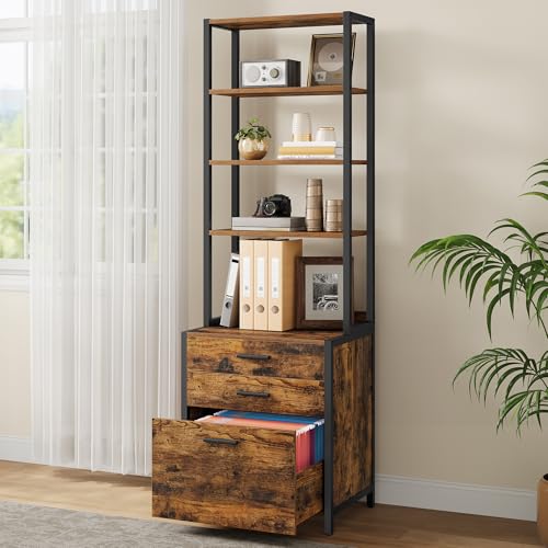 VASAGLE File Cabinet, Home Office Filing Cabinet with Height-Adjustable Open Shelves, 3 Drawers, for A4, Letter-Size Hanging File Folders, Steel Frame, for Home Office, Rustic Brown UOFC078B01 - color: Rustic Brown, size: 3 Drawers with Shelves