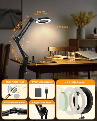 10X Magnifying Lamp with Light [Clamp and Stand], 4.3” Real Glass Lens Magnifier Desk Lamp Clip On, Metal Swing Arm LED Ring Light with 3 Color Modes & 10 Brightness for Close Work Crafts Nail - style: Lamp with Clamp and Stand