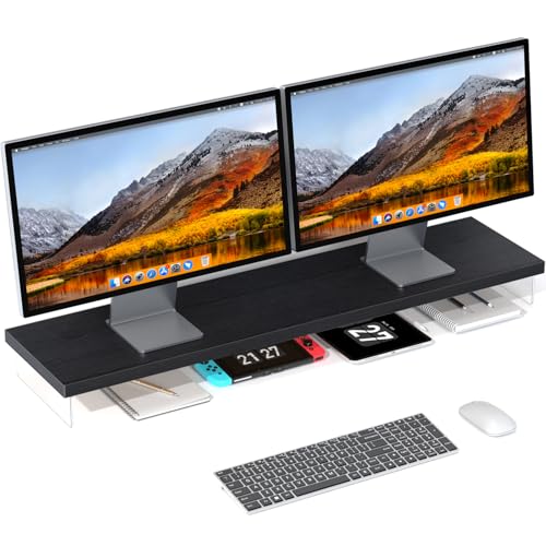 Dual Monitor Stand Riser, 40x10 in Wood & Acrylic Desktop Organizer Shelf - color: Black Oak, size: 40*10 Inch
