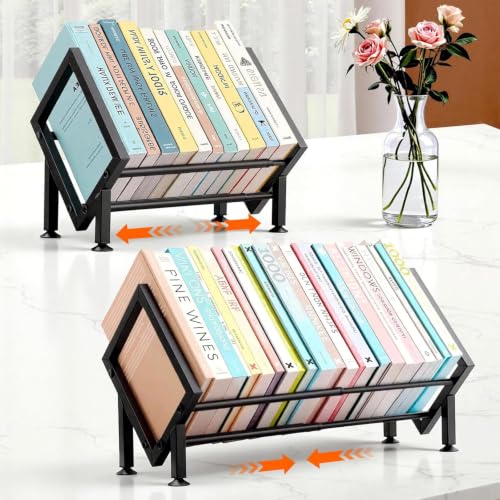 Expandable Desktop Bookshelf Organizer, Metal Small Tabletop Book Rack | Large Slanted Desk Bookshelf for CDs/Magazine/Books Display, Portable Mini Bookcase in Office & Home Storage (Black) - color: Black