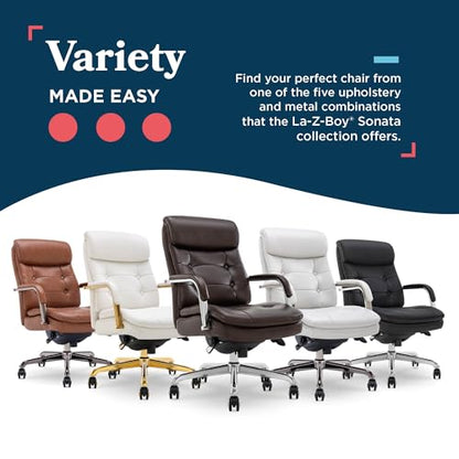 La-Z-Boy Sonata Executive Mid-Back Office Chair, Button-Tufted Seat and Back, Double-Layer Cushion, Padded Armrests, Ergonomic Computer DeskChair, Swivel Metal Base, Bonded Leather, Dark Brown/Chrome - color: Dark Brown and Chrome