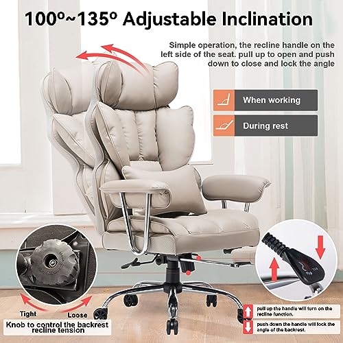 Efomao Big and Tall Office Chair 400lbs PU Leather Executive Office Chair with Lumbar Support & Leg Rest, Heavy-Duty Computer Chair for Home Office, Grey - color: Grey