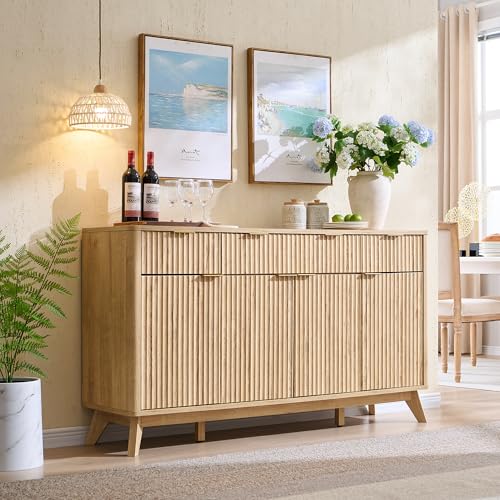 T4TREAM 60 Inch Fluted Buffet Sideboard Cabinet, Natural Oak | Modern Coffee Bar Storage Cabinet With 3 Drawers, for Dining Room, Living Room, Hallway, Oak Wood Grain, Adjustable shelves - color: Natural Oak