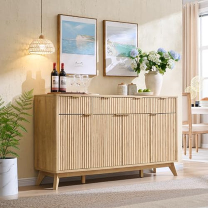 T4TREAM 60 Inch Fluted Buffet Sideboard Cabinet, Natural Oak | Modern Coffee Bar Storage Cabinet With 3 Drawers, for Dining Room, Living Room, Hallway, Oak Wood Grain, Adjustable shelves - color: Natural Oak