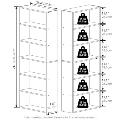 Furinno Jaya Book Shelf Set of 2, 6-Tier Bookshelf, Bookcase, 9.5 x 24.6 x 71, for Home Office, Living Room, White - color: White, size: Set of 2, 6-Tier
