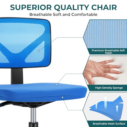 DUMOS Armless Desk Chairs, Small Home Office Mesh Chairs | Ergonomic Adjustable Mid Back, Swivel Rolling Task, Computer Work Vanity Small Spaces, Blue - color: Blue, size: 1pc