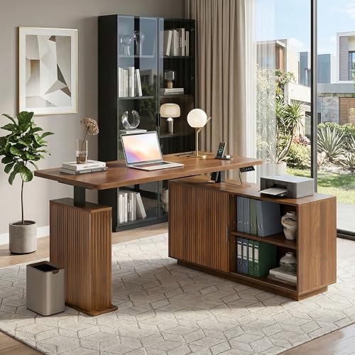 L Shaped Electric Standing Desk, Corner Sit Stand Up Desk, Executive Desk - color: Walnut-l Shaped-02
