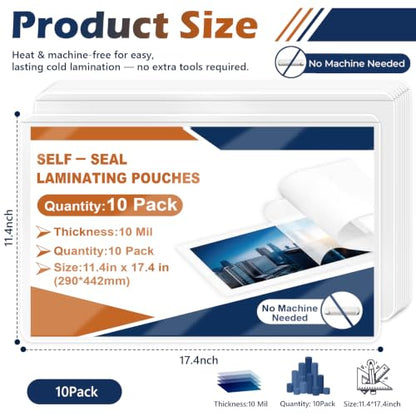 10 Pack 10 Mil 11x17" Self Sealing Laminating Pouches Self Adhesive Lamination Pouches Clear Laminate Sheets for Drawings Posters Art Prints Menu Big Certificates (No Heat & No Laminator Machine Need) - size: 11.4x17.4inch
