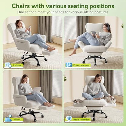 DurayLoly Big and Tall Office Chair with Footrest & Adjustable Armrests | 145° Reclining Backrest, Soft Teddy Fleece, Height Adjustable & 360° Swivel for Home Office, Bedroom, White - color: White