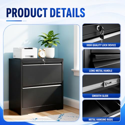 2 Drawer File Cabinet with Lock, 26.8" W Lateral Filing Cabinet - color: Black, size: 26.8"W - 2 Drawer