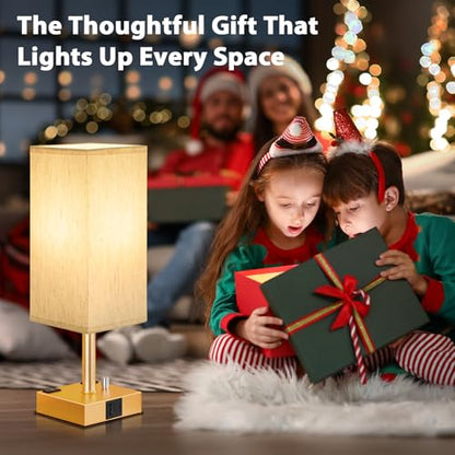 Gold Bedside Table Lamps Set of 2 - Dimmable, USB C+A, 2 AC Outlets | Stepless Dimmable by Rotary Knob, 3000K LED Bulbs Included, Square Cream Linen Shade, Nightstand Lamp for Living Room, Desk - color: Gold