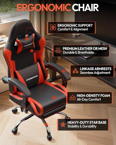 Dowinx Ergonomic Gaming Chair with Footrest & Massage Lumbar, 2D-Linkage Armrests for Computer Chair 330lbs with Headrest Pillow for Office, Home, Streaming and Long Gaming Sessions, Red - color: Red