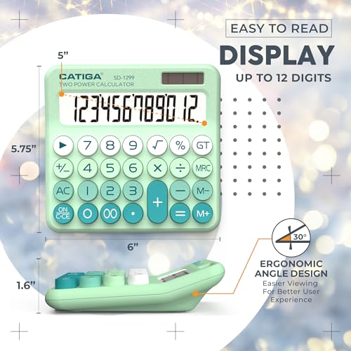 CATIGA Mechanical Switch Calculator with Solar and Battery Dual Power, 12-Digit Large LCD Display, Aesthetic and Cute Desktop Calculator with Big Button, for Home, School and Office Use, SD-1299 - color: Z) Mint Green