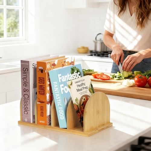 Cookbook Organizer, Wooden Countertop Bookshelf, Space-Saving Recipe Book Storage Holder, Small Desktop Display Rack forKitchen, Pantry, Home Office Counter Decor