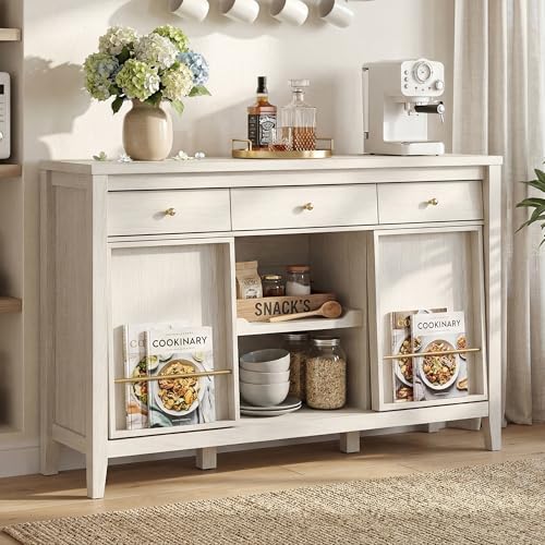 Buffet Cabinet with Storage, Modern Sideboard Cabinet with 3 Drawers, 2 Sliding Doors & Pull-Out Shelf, Coffee Bar Cabinet with Charging Station, Beige