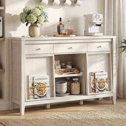 Buffet Cabinet with Storage, Modern Sideboard Cabinet with 3 Drawers, 2 Sliding Doors & Pull-Out Shelf, Coffee Bar Cabinet with Charging Station, Beige
