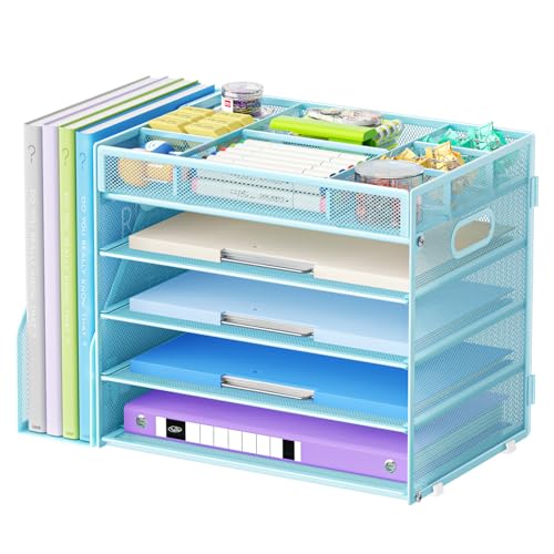 Marbrasse 5-Tier Desk Organizer with File Holder,Paper Letter Tray Organizer,Desktop File Organizer with Adjustable Compartments,Mesh Desk Organizers and Accessories for Office Supplies,Blue - color: File Organizer With File Holder-blue