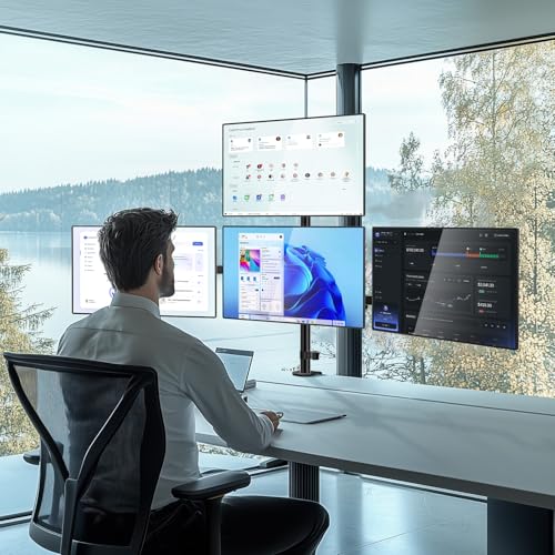 WALI Stacked 4 Monitor Mount for 13-27 inch Screens, up to 22 lbs per Arm | Quad Monitor Stand for Desk, Full Motion with Tilt, Swivel, Rotation, C-Clamp & Grommet Base, VESA 75/100mm (M004S), Black - size: Quad, style: Adjustable