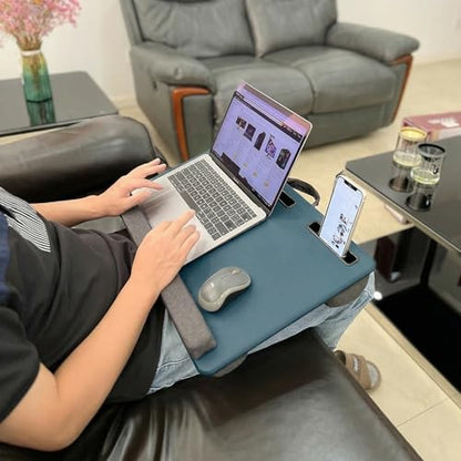 Lap Desk Home Office Lap Desk Portable Laptop Desk for Left Right - Handers with Whole Mouse Pad Wrist Pad Dual Cushion Phone Tablet Slots Fits Up to 17 Inch Laptops - color: Light Blue
