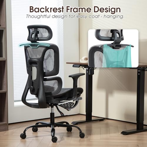 Grey Mesh Ergonomic High Back Office Chair with Footrest | Adjustable Lumbar Support, Headrest, Armrests, Reclining, Swivel, Rolling Casters, Sturdy Base, for Home Office & Gaming - color: Grey, style: Upgrade w/ footrest