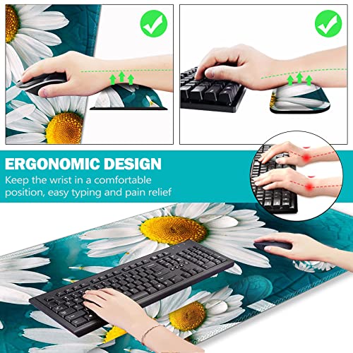 ARTSO Large Gaming Mouse Pad Set, Keyboard Wrist Rest Support + Mouse Wrist Cushion + Extended Mousepad + Coaster, 35x15.5in Multifunctional Desk Mat 4pcs, Cute Daisy - color: Cute Daisy