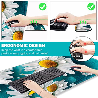 ARTSO Large Gaming Mouse Pad Set, Keyboard Wrist Rest Support + Mouse Wrist Cushion + Extended Mousepad + Coaster, 35x15.5in Multifunctional Desk Mat 4pcs, Cute Daisy - color: Cute Daisy