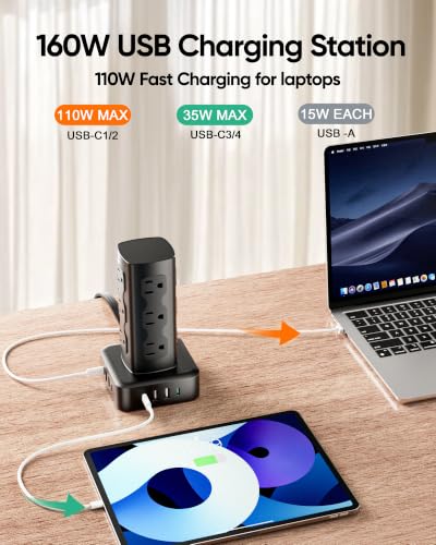 160W Charging Station, Acozvin Power Strip Tower with 12 AC Outlets 8 USB - size: 160W