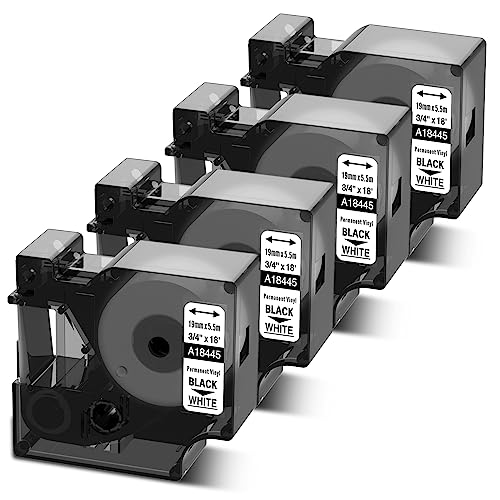 Rhino 5200 Label Tape Compatible with Dymo 18445 Permanent Vinyl Tape - color: Black on White, size: 3/4 Inch(19mm)