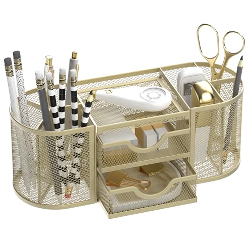 Mesh Desk Organizer, Desk Organizers and Accessories, Pen Holder with Drawers, Pencil Holder for Desk with 2 Drawer for Office Supplies, Golden yellow - color: Golden Yellow