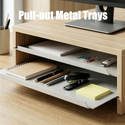 Fenge 14.3-Inch Monitor Stand with Slide-Out Trays, Wood & Metal Desk Shelf - color: Oak
