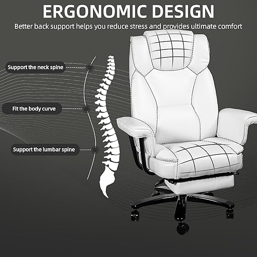 Reclining Office Chair with Footrest, Big and Tall Home Office Desk Chairs 400lbs with High Back, Criss Cross Wide Seat, Heavy Duty Base, Pu Leather, White - color: White