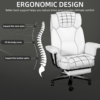 Reclining Office Chair with Footrest, Big and Tall Home Office Desk Chairs 400lbs with High Back, Criss Cross Wide Seat, Heavy Duty Base, Pu Leather, White - color: White
