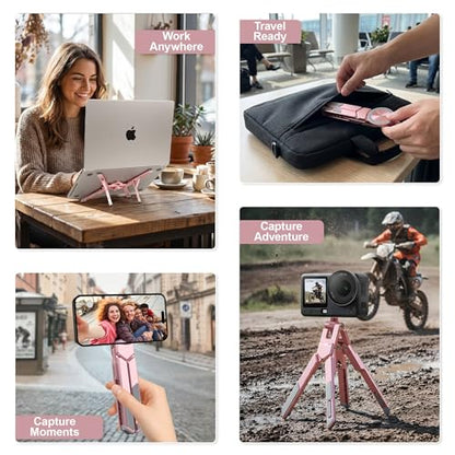 4-in-1 Portable Laptop Stand with Magnetic Phone Holder & Camera Tripod, Adjustable Aluminum Stand for Laptop, Tablet & iPhone, Foldable Ergonomic Setup for Home Office & Content Creation (Rose Gold) - color: Rose Gold