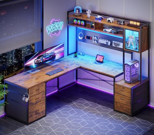 SEDETA Reversible L Shaped Gaming Desk with 6 Drawers, Hutch, Led Lights - color: Rustic Brown