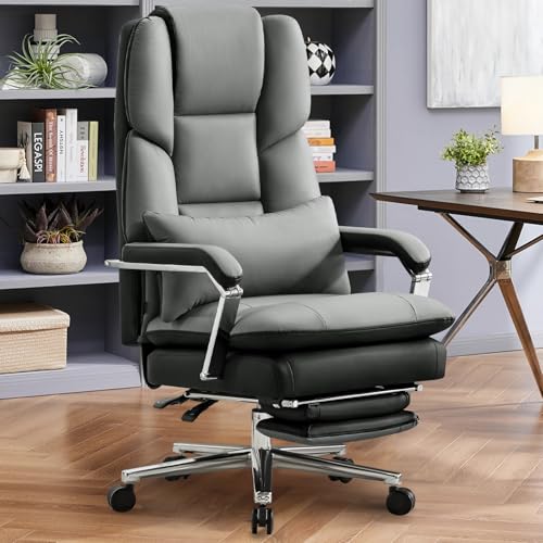 Furniliving Big and Tall Office Chair with Footrest, PU Leather High Back Executive Office Chair with Adjustable Lumbar Support, Wide Seat Reclining Desk Chair with Armrest, Height Adjustment, Grey