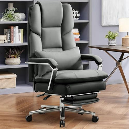 Furniliving Big and Tall Office Chair with Footrest, PU Leather High Back Executive Office Chair with Adjustable Lumbar Support, Wide Seat Reclining Desk Chair with Armrest, Height Adjustment, Grey