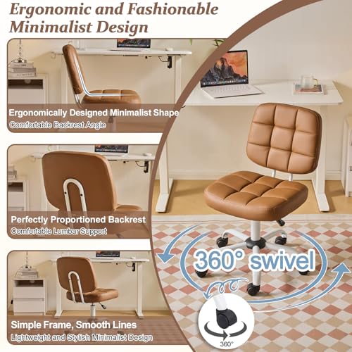 VINGLI Compact Small Desk Chair, Cute Armless Chair with Wheels, Vanity Chair with Low Back, Height Adjustable Task Chair for Small Spaces, Office, Bedroom, Make Up Room, PU Leather, Brown - color: Warm Brown