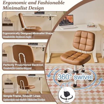 VINGLI Compact Small Desk Chair, Cute Armless Chair with Wheels, Vanity Chair with Low Back, Height Adjustable Task Chair for Small Spaces, Office, Bedroom, Make Up Room, PU Leather, Brown - color: Warm Brown