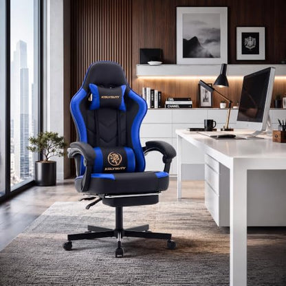 Desk Computer Gaming Chair - High Back Ergonomic Office Chair with Footrest and Lumbar Support, Swivel Comfy Home Gamer Video Game Chairs with Pocket Spring Cushion for Adults (Blue Leather) - color: Classic Blue Leather