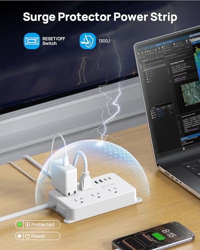 TROND 360° Rotating Power Strip, 1300J Surge Protector, 5ft, White - color: White, size: 5ft, style: 5 Outlets - with Rotating Plug