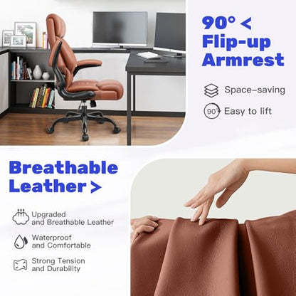 High Back Executive Office Chair - Ergonomic Computer Desk with Rocking Function, Leather Managerial with Adjustable Flip-Up Armrests and Lumbar Support - color: Brown, style: Without Footrest