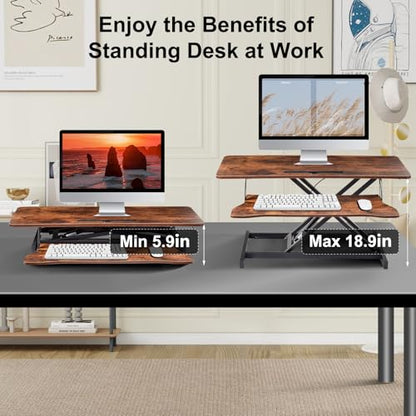 38-inch Standing Desk Converter Height Adjustable Sit to Stand Up Workstation, Duals Monitor and Laptop Riser with Wide Keyboard Tray, for Home, School, Company, Brown - color: Brown