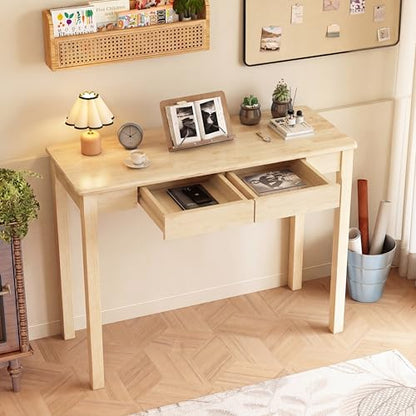 Solid Wooden Desk with Drawers - 39 x 16 Inch Rubberwood Narrow Desks, Simple Modern Study Table, Small Writing Desk for Bedroom|Small Spaces - Natural Boho Desks - color: Natural, size: 39.4 in W x 15.7 in D