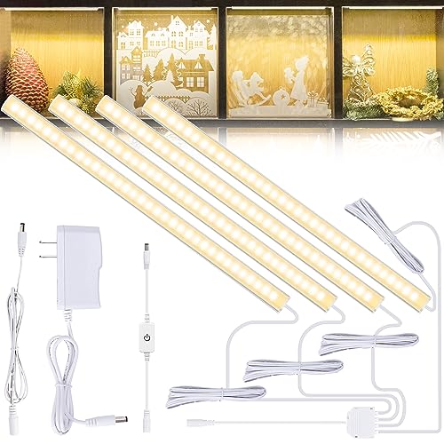 JUSJUBR 4PCS x 12inch Display Cabinet Lights Warm White, Dimmable LED Shelf Lighting with Memory Function, Bookshelf Lighting, LED Lights for Display Case/Pantry/Closet/Safe, 3000K - color: Silver Shell-Warm White 3000K