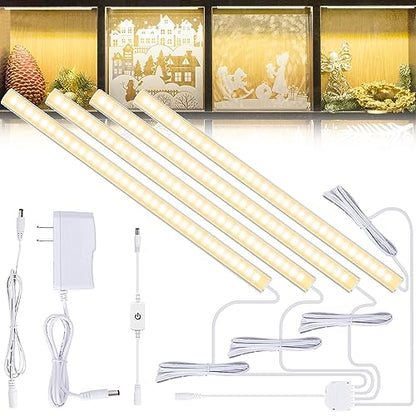 JUSJUBR 4PCS x 12inch Display Cabinet Lights Warm White, Dimmable LED Shelf Lighting with Memory Function, Bookshelf Lighting, LED Lights for Display Case/Pantry/Closet/Safe, 3000K - color: Silver Shell-Warm White 3000K