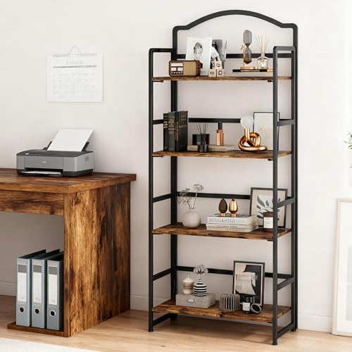 JSB 4 Tier No Assembly Folding Bookshelf, Arched Bookshelf, Foldable Bookcase for Living Room, Bedroom, Office,Skinny Bookshelf (Fire Brown) - color: Fire Brown, size: 4-Tier