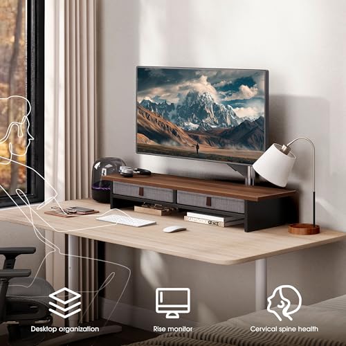 Fenge 35 Inch Monitor Stand with Drawer Storage, Computer Riser for Desk - color: Brown